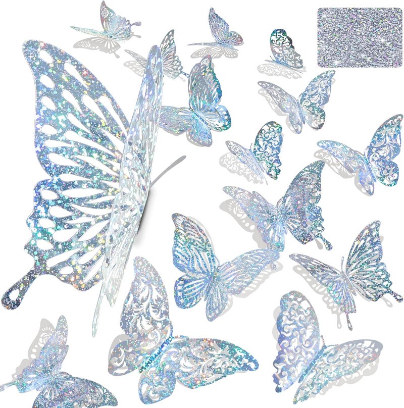 DELEMI 60 Pcs 3D Sequined Silver Butterfly Wall Decor, 5 Styles 3 Sizes,Butterfly Cake Birthday Party Shower Decorations Iridescent,Metallic Room Mural Wall Stickers (Sequined Silver) - Image 1